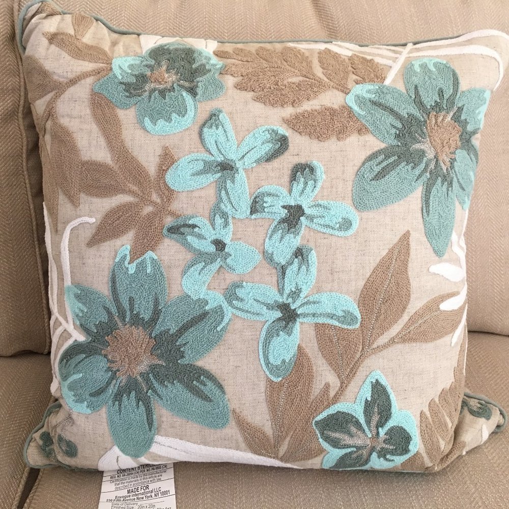 Linen Crewel Embroidered Accent Throw Pillows - 2